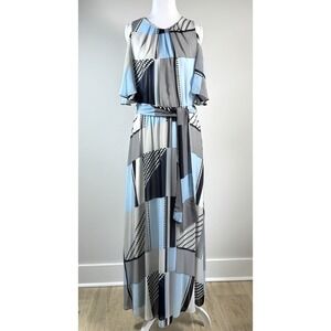 Calvin Klein Blue White Chiffon Maxi Dress XS Sheer Overlay Elastic Waist Summer